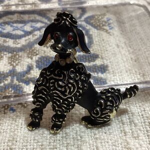 Spaghetti Poodle Brooch Black & Gold Metal Jewelry Red Rhinestone Eyes